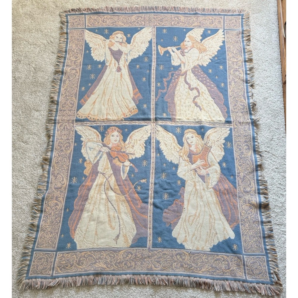 VTG Goodwin Weavers Angels Holiday Cotton Tapestry Throw Blanket Made In USA